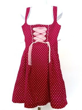 ⁠MarJo German Dirndl Dress Red Floral Corset Lace Up Trachten Size EU 36 US S⁠
